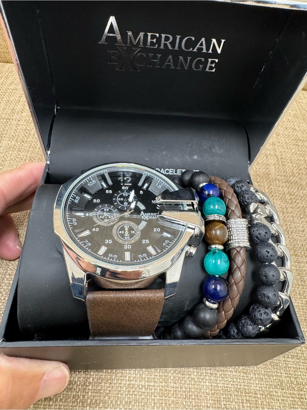 American Exchange Men's 5-Piece Watch & Bracelet Accessory Set Metal/Stone